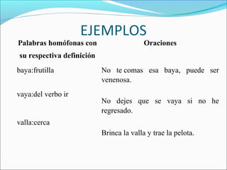 EJEMPLOS
Palabras homófonas con
su respectiva definición
Oraciones
baya:frutilla
vaya:del verbo ir
valla:cerca
No te comas esa baya, puede ser
venenosa.
No dejes que se vaya si no he
regresado.
Brinca la valla y trae la pelota.
 