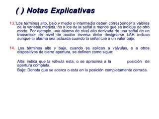 2007
( ) Notas Explicativas( ) Notas Explicativas
13. Los términos alto, bajo y medio o intermedio deben corresponder a valores
de la variable medida, no a los de la señal a menos que se indique de otro
modo. Por ejemplo, una alarma de nivel alto derivada de una señal de un
transmisor de nivel de acción inversa debe designarse LAH incluso
aunque la alarma sea actuada cuando la señal cae a un valor bajo.
14. Los términos alto y bajo, cuando se aplican a válvulas, o a otros
dispositivos de cierre apertura, se definen como sigue:
Alto: indica que la válvula esta, o se aproxima a la posición de
apertura completa.
Bajo: Denota que se acerca o esta en la posición completamente cerrada.
 