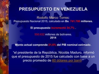 PRESUPUESTO EN VENEZUELA
Rodolfo Marco Torres:
Presupuesto Nacional 2015, calculado en Bs. 741.708 millones.
El presupuesto incrementó 34,7% .
550.632 millones de bolívares.
2014
Monto actual comprende 21,6% del PIB nominal estimado.
“el presidente de la República, Nicolás Maduro, informó
que el presupuesto de 2015 fue calculado con base a un
precio promedio de 60 dólares por barril.”
 