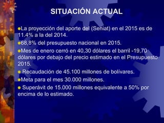La proyección del aporte del (Seniat) en el 2015 es de
11.4% a la del 2014.
68,8% del presupuesto nacional en 2015.
Mes de enero cerró en 40,30 dólares el barril -19,70
dólares por debajo del precio estimado en el Presupuesto
2015.
Recaudación de 45.100 millones de bolívares.
Meta para el mes 30.000 millones.
Superávit de 15.000 millones equivalente a 50% por
encima de lo estimado.
SITUACIÓN ACTUAL
 