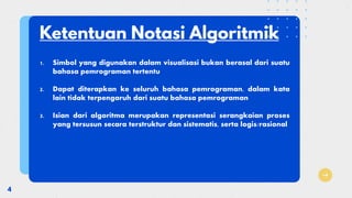 1. Simbol yang digunakan dalam visualisasi bukan berasal dari suatu
bahasa pemrograman tertentu
2. Dapat diterapkan ke seluruh bahasa pemrograman, dalam kata
lain tidak terpengaruh dari suatu bahasa pemrograman
3. Isian dari algoritma merupakan representasi serangkaian proses
yang tersusun secara terstruktur dan sistematis, serta logis/rasional
 