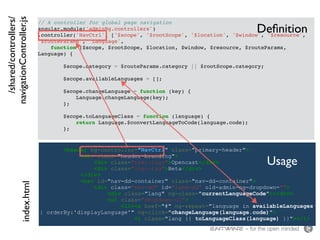 – for the open minded
<header ng-controller="NavCtrl" class="primary-header">
<div class="header-branding">
<div class="text-logo">Opencast</div>
<div class="logo-tag">Beta</div>
</div>
<nav id="nav-dd-container" class="nav-dd-container">
<div class="nav-dd" id="lang-dd" old-admin-ng-dropdown="">
<div class="lang" ng-class="currentLanguageCode"></div>
<ul class="dropdown-ul">
<li><a href="#" ng-repeat="language in availableLanguages
| orderBy:'displayLanguage'" ng-click="changeLanguage(language.code)">
<i class="lang {{ toLanguageClass(language) }}"></i>
// A controller for global page navigation
angular.module('adminNg.controllers')
.controller('NavCtrl', ['$scope', '$rootScope', '$location', '$window', '$resource',
'$routeParams', 'Language',
function ($scope, $rootScope, $location, $window, $resource, $routeParams,
Language) {
$scope.category = $routeParams.category || $rootScope.category;
$scope.availableLanguages = [];
$scope.changeLanguage = function (key) {
Language.changeLanguage(key);
};
$scope.toLanguageClass = function (language) {
return Language.$convertLanguageToCode(language.code);
};
/shared/controllers/
navigationController.jsindex.html Deﬁnition
Usage
 