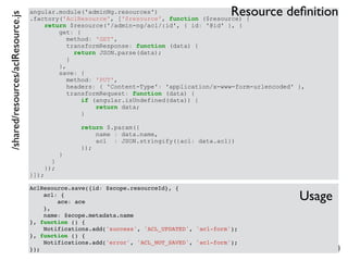– for the open minded
angular.module('adminNg.resources')
.factory('AclResource', ['$resource', function ($resource) {
return $resource('/admin-ng/acl/:id', { id: '@id' }, {
get: {
method: 'GET',
transformResponse: function (data) {
return JSON.parse(data);
}
},
save: {
method: 'PUT',
headers: { 'Content-Type': 'application/x-www-form-urlencoded' },
transformRequest: function (data) {
if (angular.isUndefined(data)) {
return data;
}
return $.param({
name : data.name,
acl : JSON.stringify({acl: data.acl})
});
}
}
});
}]);
/shared/resources/aclResource.js
AclResource.save({id: $scope.resourceId}, {
acl: {
ace: ace
},
name: $scope.metadata.name
}, function () {
Notifications.add('success', 'ACL_UPDATED', 'acl-form');
}, function () {
Notifications.add('error', 'ACL_NOT_SAVED', 'acl-form');
});
Resource deﬁnition
Usage
 