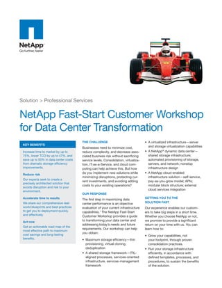Solution > Professional Services

NetApp Fast-Start Customer Workshop
for Data Center Transformation
Key BENEFITS

Increase time to market by up to
75%, lower TCO by up to 47%, and
save up to 50% in data center costs
from dramatic storage efficiency
improvements.
Reduce risk

Our experts seek to create a
precisely architected solution that
avoids disruption and risk to your
environment.
Accelerate time to results

We share our comprehensive realworld blueprints and best practices
to get you to deployment quickly
and effectively.
Act now

Get an actionable road map of the
most effective path to maximum
cost savings and long-lasting
benefits.

THE CHALLENGE

Businesses need to minimize cost,
reduce complexity, and decrease associated business risk without sacrificing
service levels. Consolidation, virtualization, IT-as-a-Service, and cloud computing can help achieve this. But how
do you implement new solutions while
minimizing disruptions, protecting current investments, and avoiding adding
costs to your existing operations?

•	 A virtualized infrastructure—server
and storage virtualization capabilities
•	 A NetApp® dynamic data center—
shared storage infrastructure;
automated provisioning of storage,
servers, and network; nonstop
infrastructure design
•	 A NetApp cloud-enabled
infrastructure solution—self-service,
pay-as-you-grow model; APIs;
modular block structure; external
cloud services integration

OUR RESPONSE

The first step in maximizing data
center performance is an objective
evaluation of your current infrastructure
capabilities.1 The NetApp Fast-Start
Customer Workshop provides a guide
to transforming your data center and
addressing today’s needs and future
requirements. Our workshop can help
you obtain:
•	 Maximum storage efficiency—thin
provisioning, virtual cloning,
deduplication
•	 A shared storage framework—ITILaligned processes, services-oriented
infrastructure, services-management
framework

GETTING YOU TO THE
SOLUTION FAST

Our experience enables our customers to take big steps in a short time.
Whether you choose NetApp or not,
we promise to provide a significant
return on your time with us. You can
learn how to:
•	 Grow your capabilities, not
your footprint, through proven
consolidation practices.
•	 Run your storage infrastructure
efficiently, in accordance with
defined templates, processes, and
procedures, to sustain the benefits
of the solution.

 
