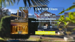 Offre valable jusqu’au 30 Novembre 2020 (Hors nuitée du samedi)
Tel : 02 62 31 85 85 – 40 E chemin des Trois Mares 97413 CILAOS
www.leschenets-lecilaos.re / reservation@leschenets-lecilaos.re