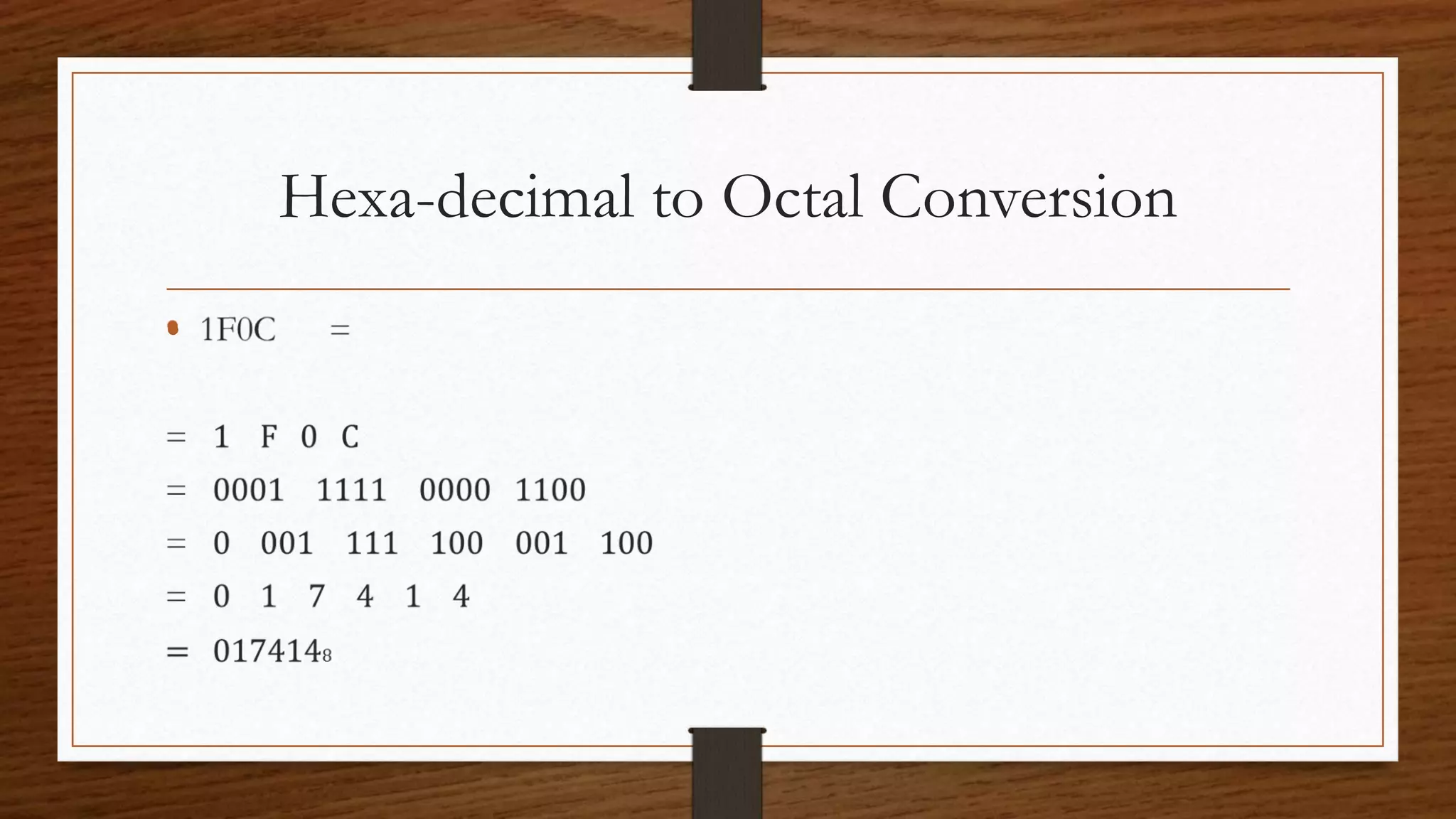 Hexa-decimal to Octal Conversion
•
 