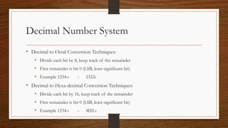 Decimal Number System
• Decimal to Octal Conversion Techniques:
• Divide each bit by 8, keep track of the remainder
• First remainder is bit 0 (LSB, least-significant bit)
• Example 123410 = 23228
• Decimal to Hexa-decimal Conversion Techniques:
• Divide each bit by 16, keep track of the remainder
• First remainder is bit 0 (LSB, least-significant bit)
• Example 123410 = 4D216
 
