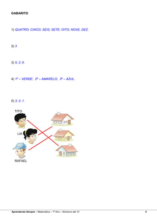 GABARITO
1) QUATRO; CINCO; SEIS; SETE; OITO; NOVE, DEZ.
2) 3
3) 5; 2; 6.
4) 1o
– VERDE; 2o
– AMARELO; 3o
– AZUL.
5) 3; 2; 1.
TITO
LIA
RAFAEL
Aprendendo Sempre – Matemática – 1
o
Ano – Números até 10 4
 