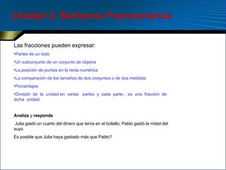 Unidad 2 . Números Fraccionarios Las fracciones pueden expresar: Partes de un todo Un subconjunto de un conjunto de objetos La posiciòn de puntos en la recta numérica La comparaciòn de los tamaños de dos conjuntos o de dos medidas Porcentajes División  de  la  unidad en  varias  partes  y  cada  parte ,  es  una  fracción  de  dicha  unidad. Analiza  y  responde Julia gastó un cuarto del dinero que tenía en el bolsillo; Pablo gastó la mitad del suyo. Es posible que Julia haya gastado más que Pablo?   