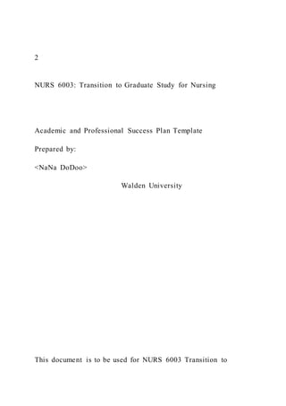 2
NURS 6003: Transition to Graduate Study for Nursing
Academic and Professional Success Plan Template
Prepared by:
<NaNa DoDoo>
Walden University
This document is to be used for NURS 6003 Transition to
 