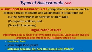 – Lassitude, fever
– Weak cough, thick sputum
– Distended abdomen; dry, hard stool passed with difficulty
Types of Assessments cont.
■ Functional Assessment: is the comprehensive evaluation of a
client’s physical strengths and weaknesses in areas such as:
(1) the performance of activities of daily living
(2) cognitive abilities, and
(3) social functioning.
Organization of Data
Interpreting data is easier if information is organized. Organization involves
grouping related information. Related Clusters llike:
12/4/2020 Seed Lectures - FUNDAMENTAL NURSING First Term Lecture 2 Nursing Process 10
 