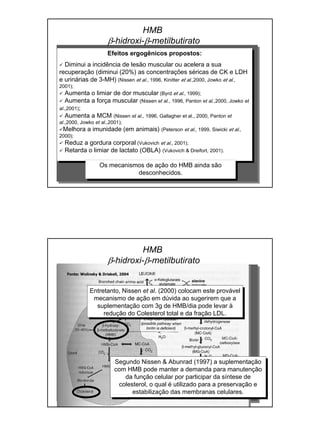 Efeitos ergogênicos propostos:
Diminui a incidência de lesão muscular ou acelera a sua
recuperação (diminui (20%) as concentrações séricas de CK e LDH
e urinárias de 3-MH) (Nissen et al., 1996, Kinitter et al.,2000, Jowko et al.,
2001);
Aumenta o limiar de dor muscular (Byrd et al., 1999);
Aumenta a força muscular (Nissen et al., 1996, Panton et al.,2000, Jowko et
al.,2001);
Aumenta a MCM (Nissen et al., 1996, Gallagher et al., 2000, Panton et
al.,2000, Jowko et al.,2001);
Melhora a imunidade (em animais) (Peterson et al., 1999, Siwicki et al.,
2000);
Reduz a gordura corporal (Vukovich et al., 2001);
Retarda o limiar de lactato (OBLA) (Vukovich & Dreifort, 2001).
Os mecanismos de ação do HMB ainda são
desconhecidos.
HMB
β-hidroxi-β-metilbutirato
Segundo Nissen & Abunrad (1997) a suplementação
com HMB pode manter a demanda para manutenção
da função celular por participar da síntese de
colesterol, o qual é utilizado para a preservação e
estabilização das membranas celulares.
Fonte: Wolinsky & Driskell, 2004
Entretanto, Nissen et al. (2000) colocam este provável
mecanismo de ação em dúvida ao sugerirem que a
suplementação com 3g de HMB/dia pode levar à
redução do Colesterol total e da fração LDL.
HMB
β-hidroxi-β-metilbutirato
 