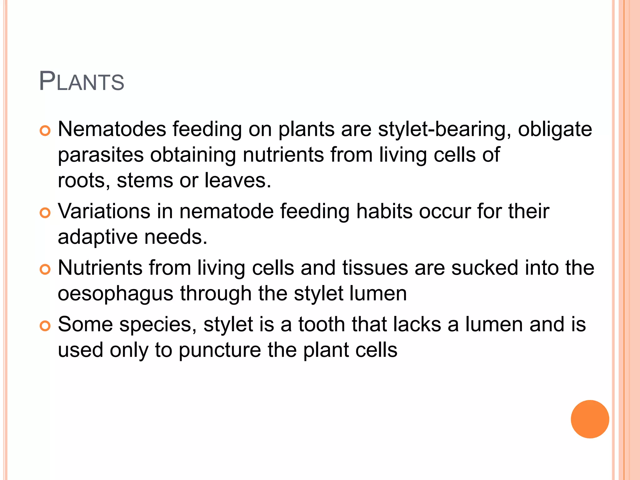 PLANTS
 Nematodes feeding on plants are stylet-bearing, obligate
  parasites obtaining nutrients from living cells of
  roots, stems or leaves.
 Variations in nematode feeding habits occur for their
  adaptive needs.
 Nutrients from living cells and tissues are sucked into the
  oesophagus through the stylet lumen
 Some species, stylet is a tooth that lacks a lumen and is
  used only to puncture the plant cells
 