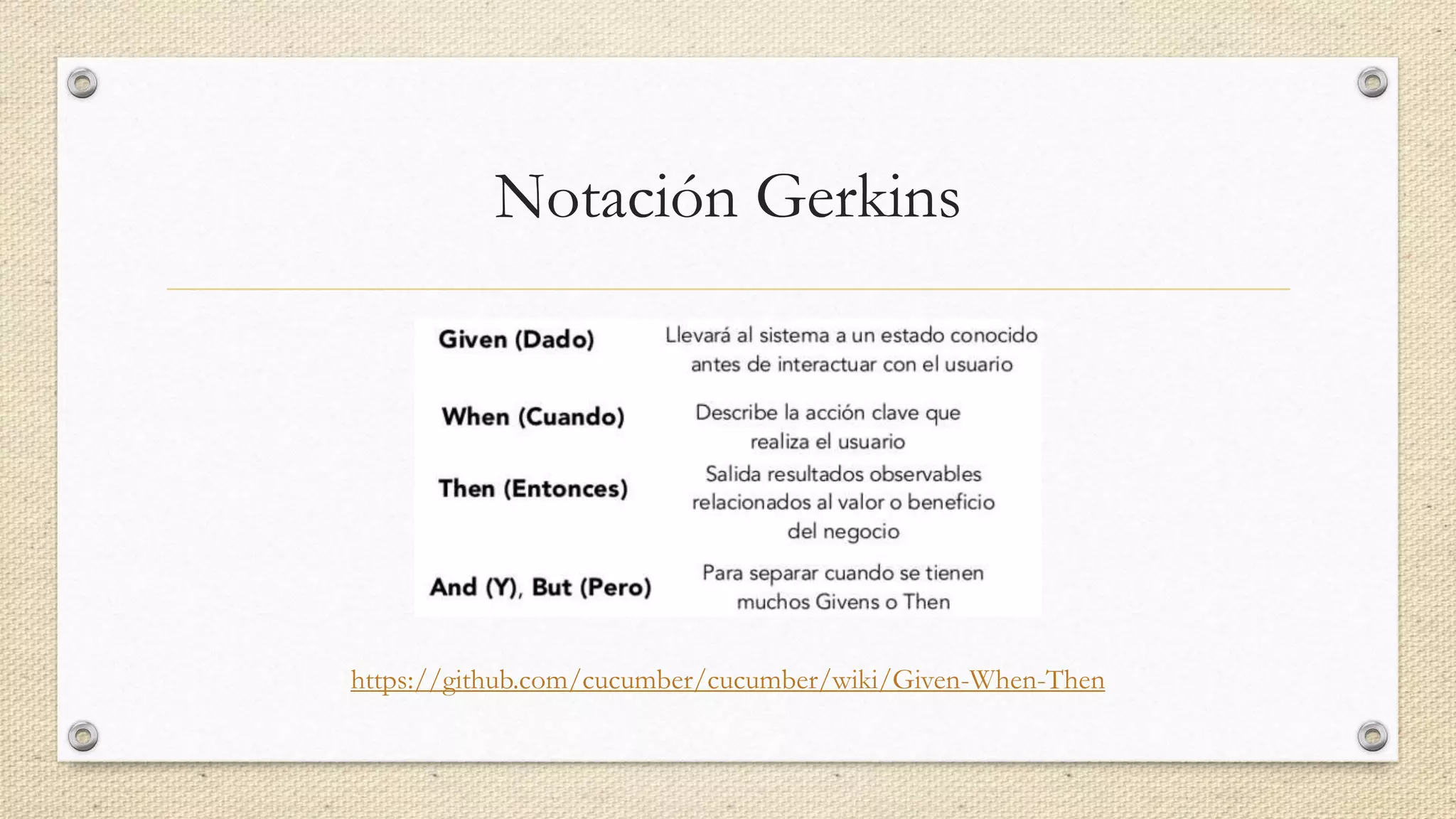 Notación Gerkins
https://github.com/cucumber/cucumber/wiki/Given-When-Then
 