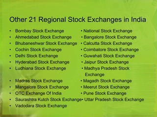 Other 21 Regional Stock Exchanges in India 
• Bombay Stock Exchange • National Stock Exchange 
• Ahmedabad Stock Exchange • Bangalore Stock Exchange 
• Bhubaneshwar Stock Exchange • Calcutta Stock Exchange 
• Cochin Stock Exchange • Coimbatore Stock Exchange 
• Delhi Stock Exchange • Guwahati Stock Exchange 
• Hyderabad Stock Exchange • Jaipur Stock Exchange 
• Ludhiana Stock Exchange • Madhya Pradesh Stock 
Exchange 
• Madras Stock Exchange • Magadh Stock Exchange 
• Mangalore Stock Exchange • Meerut Stock Exchange 
• OTC Exchange Of India • Pune Stock Exchange 
• Saurashtra Kutch Stock Exchange• Uttar Pradesh Stock Exchange 
• Vadodara Stock Exchange 
 