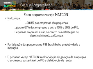 Foco pequeno varejo MATCON 
•Na Europa: 
...99,8% das empresas são pequenas, 
...geram 67% dos empregos e entre 40% e 50% do PIB, Pequenas empresas estão no centro das estratégias de desenvolvimento da Europa. 
•Participação das pequenas no PIB Brasil: baixa produtividade e inovação. 
•O pequeno varejo MATCON: melhor opção de geração de empregos, crescimento sustentável do PIB e distribuição de renda. 
Por que Compartilhar ?  