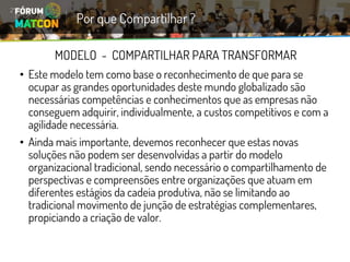 MODELO -COMPARTILHAR PARA TRANSFORMAR 
•Este modelo tem como base o reconhecimento de que para se ocupar as grandes oportunidades deste mundo globalizado são necessárias competências e conhecimentos que as empresas não conseguem adquirir, individualmente, a custos competitivos e com a agilidade necessária. 
•Ainda mais importante, devemos reconhecer que estas novas soluções não podem ser desenvolvidas a partir do modelo organizacional tradicional, sendo necessário o compartilhamento de perspectivas e compreensões entre organizações que atuam em diferentes estágios da cadeia produtiva, não se limitando ao tradicional movimento de junção de estratégias complementares, propiciando a criação de valor. 
Por que Compartilhar ?  