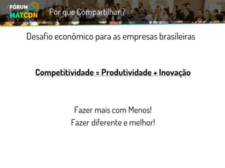 Desafio econômico para as empresas brasileiras 
Competitividade = Produtividade + Inovação 
Fazer mais com Menos! 
Fazer diferente e melhor! 
Por que Compartilhar ?  