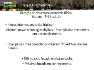 Geração de riqueza na economia GlobalEstudos -MG Institute 
•Fluxos internacionais vão triplicar: 
Internet, novas tecnologias digitais e inserção das economias em desenvolvimento. 
•Hoje, países mais conectados crescem PIB 40% acima dos demais. 
•Último ciclo focado em baixo custo. 
•Próximo focado no conhecimento. 
Por que Compartilhar ?  