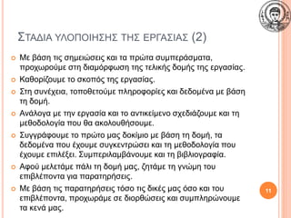 ΣΤΑΔΙΑ ΥΛΟΠΟΙΗΣΗΣ ΤΗΣ ΕΡΓΑΣΙΑΣ (2)
 Με βάση τις σημειώσεις και τα πρώτα συμπεράσματα,
προχωρούμε στη διαμόρφωση της τελικής δομής της εργασίας.
 Καθορίζουμε το σκοπός της εργασίας.
 Στη συνέχεια, τοποθετούμε πληροφορίες και δεδομένα με βάση
τη δομή.
 Ανάλογα με την εργασία και το αντικείμενο σχεδιάζουμε και τη
μεθοδολογία που θα ακολουθήσουμε.
 Συγγράφουμε το πρώτο μας δοκίμιο με βάση τη δομή, τα
δεδομένα που έχουμε συγκεντρώσει και τη μεθοδολογία που
έχουμε επιλέξει. Συμπεριλαμβάνουμε και τη βιβλιογραφία.
 Αφού μελετάμε πάλι τη δομή μας, ζητάμε τη γνώμη του
επιβλέποντα για παρατηρήσεις.
 Με βάση τις παρατηρήσεις τόσο τις δικές μας όσο και του
επιβλέποντα, προχωράμε σε διορθώσεις και συμπληρώνουμε
τα κενά μας.
11
 