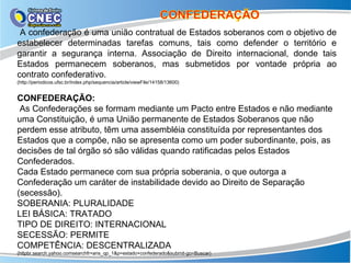 A confederação é uma união contratual de Estados soberanos com o objetivo de
estabelecer determinadas tarefas comuns, tais como defender o território e
garantir a segurança interna. Associação de Direito internacional, donde tais
Estados permanecem soberanos, mas submetidos por vontade própria ao
contrato confederativo.
(http://periodicos.ufsc.br/index.php/sequencia/article/viewFile/14158/13600)


CONFEDERAÇÃO:
 As Confederações se formam mediante um Pacto entre Estados e não mediante
uma Constituição, é uma União permanente de Estados Soberanos que não
perdem esse atributo, têm uma assembléia constituída por representantes dos
Estados que a compõe, não se apresenta como um poder subordinante, pois, as
decisões de tal órgão só são válidas quando ratificadas pelos Estados
Confederados.
Cada Estado permanece com sua própria soberania, o que outorga a
Confederação um caráter de instabilidade devido ao Direito de Separação
(secessão).
SOBERANIA: PLURALIDADE
LEI BÁSICA: TRATADO
TIPO DE DIREITO: INTERNACIONAL
SECESSÃO: PERMITE
COMPETÊNCIA: DESCENTRALIZADA
(httpbr.search.yahoo.comsearchfr=ans_qp_1&p=estado+confederado&submit-go=Buscar)
 