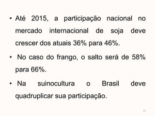 • Até 2015, a participação nacional no
 mercado     internacional   de   soja   deve
 crescer dos atuais 36% para 46%.

• No caso do frango, o salto será de 58%
 para 66%.

• Na    suinocultura     o    Brasil     deve
 quadruplicar sua participação.
                                            15
 