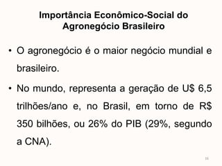 Importância Econômico-Social do
          Agronegócio Brasileiro

• O agronegócio é o maior negócio mundial e
 brasileiro.

• No mundo, representa a geração de U$ 6,5
 trilhões/ano e, no Brasil, em torno de R$
 350 bilhões, ou 26% do PIB (29%, segundo
 a CNA).
                                         16
 
