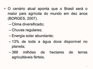 • O cenário atual aponta que o Brasil será o
  maior país agrícola do mundo em dez anos
  (BORGES, 2007).
  – Clima diversificado;
  – Chuvas regulares;
  – Energia solar abundante;
  – 13% de toda a água doce disponível no
    planeta;
  – 388 milhões de           hectares   de   terras
    agricultáveis férteis.

                                                  5
 
