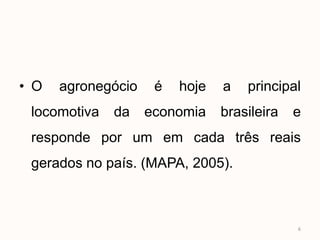 • O   agronegócio    é   hoje   a   principal
 locomotiva   da    economia    brasileira   e
 responde por um em cada três reais
 gerados no país. (MAPA, 2005).



                                             6
 