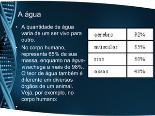A água
• A quantidade de água
  varia de um ser vivo para
  outro.
• No corpo humano,
  representa 65% da sua
  massa, enquanto na água-
  vivachega a mais de 98%.
  O teor de água também é
  diferente em diversos
  órgãos de um animal.
  Veja, por exemplo, no
  corpo humano:
•
 