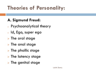 Theories of Personality:
A. Sigmund Freud:
o Psychoanalytical theory
o Id, Ego, super ego
 The oral stage
 The anal stage
 The phallic stage
 The latency stage
 The genital stage
Lohith Shetty
 