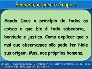 Sendo Deus o princípio de todas asSendo Deus o princípio de todas as
coisas e que Ele é todo sabedoria,coisas e que Ele é todo sabedoria,
bondade e justiça. Como explicar que obondade e justiça. Como explicar que o
mal que observamos não pode ter Nelemal que observamos não pode ter Nele
sua origem. Mas, nos próprios homens.sua origem. Mas, nos próprios homens.
Proposição para o Grupo 1Proposição para o Grupo 1
XAVIER, Francisco Cândido. O consolador. Pelo Espírito Emmanuel. 17. ed. Rio deXAVIER, Francisco Cândido. O consolador. Pelo Espírito Emmanuel. 17. ed. Rio de
Janeiro: FEB, 1995, questão 135, p.86-87.Janeiro: FEB, 1995, questão 135, p.86-87.
 