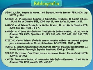 DENNIS, Léon. Depois da Morte. 1 ed. Especial. Rio de Janeiro: FEB, 2008. Cap.DENNIS, Léon. Depois da Morte. 1 ed. Especial. Rio de Janeiro: FEB, 2008. Cap.
XLIII, p. 344.XLIII, p. 344.
KARDEC, A.KARDEC, A. O Evangelho Segundo o Espiritismo.O Evangelho Segundo o Espiritismo. Tradução de Guillon Ribeiro,Tradução de Guillon Ribeiro,
124. ed. Rio de Janeiro: FEB, 2005. Cap. 17, item 8; Cap. 11, item 11 a 12.124. ed. Rio de Janeiro: FEB, 2005. Cap. 17, item 8; Cap. 11, item 11 a 12.
KARDEC, A.KARDEC, A. A Gênese.A Gênese.Tradução de Guillon Ribeiro, 42. ed. Rio de Janeiro: FEB,Tradução de Guillon Ribeiro, 42. ed. Rio de Janeiro: FEB,
2002. Cap. III, itens 1, 6 e 7.2002. Cap. III, itens 1, 6 e 7.
KARDEC, A.KARDEC, A. O Livro dos EspíritosO Livro dos Espíritos. Tradução de Guillon Ribeiro, 124. ed. Rio de. Tradução de Guillon Ribeiro, 124. ed. Rio de
Janeiro: FEB, 2005. Questões, 21, 629, 632, 636, 637, 639, 642, 643, 785,Janeiro: FEB, 2005. Questões, 21, 629, 632, 636, 637, 639, 642, 643, 785,
893, 917.893, 917.
RIZZINI, Carlos Toledo.RIZZINI, Carlos Toledo. Evolução para o terceiro milênio: um tratado psíquicoEvolução para o terceiro milênio: um tratado psíquico
para o homem moderno.para o homem moderno. 16. ed. Sobradinho, DF: EDICEL, 2005. p. 31216. ed. Sobradinho, DF: EDICEL, 2005. p. 312
ROCHA, C.ROCHA, C. Estudo sistematizado da doutrina espírita: programa fundamentEstudo sistematizado da doutrina espírita: programa fundamental, v.1.al, v.1.
Rio de Janeiro: Federação Espírita Brasileira, 2007. p. 300-311.Rio de Janeiro: Federação Espírita Brasileira, 2007. p. 300-311.
TORCHI, Christiano.TORCHI, Christiano. Espiritismo passo a passo com KardEspiritismo passo a passo com Kardec. Rio de Janeiro: FEB,ec. Rio de Janeiro: FEB,
2007 (p. 99-100)2007 (p. 99-100)
XAVIER, Francisco Cândido.XAVIER, Francisco Cândido. O consoladorO consolador. Pelo Espírito Emmanuel. 17. ed. Rio de. Pelo Espírito Emmanuel. 17. ed. Rio de
Janeiro: FEB, 1995, questão 135, p.86-87.Janeiro: FEB, 1995, questão 135, p.86-87.
 