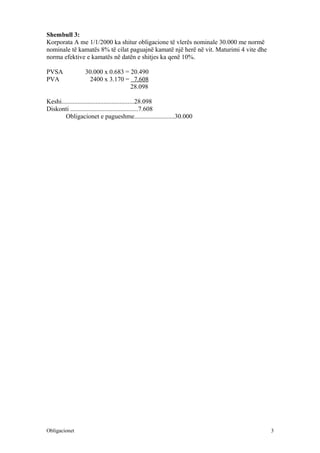 Shembull 3:
Korporata A me 1/1/2000 ka shitur obligacione të vlerës nominale 30.000 me normë
nominale të kamatës 8% të cilat paguajnë kamatë një herë në vit. Maturimi 4 vite dhe
norma efektive e kamatës në datën e shitjes ka qenë 10%.

PVSA            30.000 x 0.683 = 20.490
PVA               2400 x 3.170 = 7.608
                                 28.098

Keshi.............................................28.098
Diskonti ..........................................7.608
        Obligacionet e pagueshme.........................30.000




Obligacionet                                                                           3
 