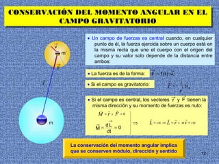 CONSERVACIÓN DEL MOMENTO ANGULAR EN EL
CONSERVACIÓN DEL MOMENTO ANGULAR EN EL
         CAMPO GRAVITATORIO
          CAMPO GRAVITATORIO
                                  • Un campo de fuerzas es central cuando, en cualquier
              →                      punto de él, la fuerza ejercida sobre un cuerpo está en
              v
                                     la misma recta que une el cuerpo con el origen del
                      m’
                                     campo y su valor solo depende de la distancia entre
                                     ambos:
                  →
                  F                                               →            →
                                  • La fuerza es de la forma:     F = f (r ) ur
      →                                                                    →
      r                                                                                k       →
                                 • Si el campo es gravitatorio:            F   =−          2   ur
                                                                                       r
                                                                               →           →
                                  • Si el campo es central, los vectores r y F tienen la
                                    misma dirección y su momento de fuerzas es nulo:
                                         →   →    →
                                      M =r x F        =0
                                                                  →
                                              →                            →       →           →
          m                          →       dL            ⇒    L = cte ⇒ L = r x m v = cte
                                     M=         =0
                                             dt

                           La conservación del momento angular implica
                           que se conserven módulo, dirección y sentido                             12
 