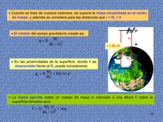 • Cuando se trata de cuerpos extensos, se supone la masa concentrada en el centro
  de masas, y además se considera para las distancias que r = RT + h


                                                                          P
 • El módulo del campo gravitatorio creado es:
                          MT                                          h
                  g=G
                       (RT + h)2                                          A
                                                         r = RT+h


                                                                     RT
 • En las proximidades de la superficie, donde h es
   despreciable frente al RT puede considerarse:
                        MT
               g0 = G    2
                           = 9,8 m / s2
                        RT




• La fuerza ejercida sobre un cuerpo de masa m colocado a una altura h sobre la
  superficie terrestre será:
                        MT m
               F=G              = mg
                      (RT + h)2
                                                                                    18
 