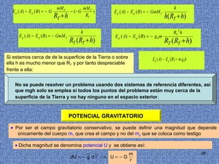 mM T             mM T                                                  h
  E p ( A) − E p ( B) = − G            − (− G        )       E p ( A) − E p ( B) = − GmM T
                              RT + h             RT                                          h(RT + h)
                                                                                                          2
                                            h                                                        RT h
      E p ( A) − E p ( B) = − GmM T                          E p ( A) − E p ( B) = − g 0 m
                                       RT (RT + h)                                           RT (RT + h)

Si estamos cerca de de la superficie de la Tierra o sobre                           E p ( A) − E p ( B) = m g 0 h
ella h es mucho menor que RT y por tanto despreciable
frente a ella:


    No se puede resolver un problema usando dos sistemas de referencia diferentes, así
    que mgh solo se emplea si todos los puntos del problema están muy cerca de la
    superficie de la Tierra y no hay ninguno en el espacio exterior.


                                       POTENCIAL GRAVITATORIO

  • Por ser el campo gravitatorio conservativo, se puede definir una magnitud que depende
     únicamente del cuerpo m1 que crea el campo y no del m2 que se coloca como testigo

    • Dicha magnitud se denomina potencial U y se obtiene así:
                                                 →       →           m                                              26
                                       dU = − g d r ⇒ U = − G
                                                                     r
 
