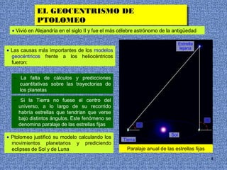 EL GEOCENTRISMO DE
             EL GEOCENTRISMO DE
             PTOLOMEO
             PTOLOMEO
  • Vivió en Alejandría en el siglo II y fue el más célebre astrónomo de la antigüedad

                                                                                 Estrella
                                                                                  lejana
• Las causas más importantes de los modelos
  geocéntricos frente a los heliocéntricos
  fueron:


   − La falta de cálculos y predicciones
     cuantitativas sobre las trayectorias de
     los planetas

   − Si la Tierra no fuese el centro del
     universo, a lo largo de su recorrido
     habría estrellas que tendrían que verse
     bajo distintos ángulos. Este fenómeno se                                                 α
     denomina paralaje de las estrellas fijas                α’

                                                                           Sol
• Ptolomeo justificó su modelo calculando los       Tierra
  movimientos planetarios y prediciendo
  eclipses de Sol y de Luna                           Paralaje anual de las estrellas fijas
                                                                                                  4
 