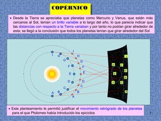 COPÉRNICO
                           COPÉRNICO
                          ..
• Desde la Tierra se   apreciaba que planetas como      Mercurio y Venus, que están más
  cercanos al Sol, tenían un brillo variable a lo largo del año, lo que parecía indicar que
  las distancias con respecto a la Tierra variaban y por tanto no podían girar alrededor de
  esta; se llegó a la conclusión que todos los planetas tenían que girar alrededor del Sol




                                           I
                           I   H               H                              I
                                   G               G
                                                                 D    C
                                       F           F
                                                                          H
                                       E               E          E
                                                                          B
                                       D           D                  G
                                                                 F
                                                   C
                                   C
                           A   B               B                          A
                                           A


• Este planteamiento le permitió justificar el movimiento retrógrado de los planetas
  para el que Ptolomeo había introducido los epiciclos                                  7
 