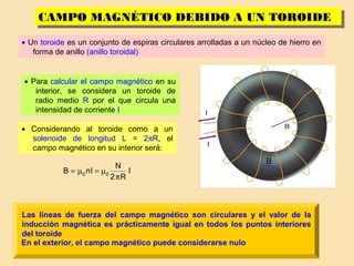 19
CAMPO MAGNÉTICO DEBIDO A UN TOROIDECAMPO MAGNÉTICO DEBIDO A UN TOROIDE
• Un toroide es un conjunto de espiras circulares arrolladas a un núcleo de hierro en
forma de anillo (anillo toroidal)
• Para calcular el campo magnético en su
interior, se considera un toroide de
radio medio R por el que circula una
intensidad de corriente I
• Considerando al toroide como a un
solenoide de longitud L = 2πR, el
campo magnético en su interior será:
I
R2
N
InB 00
π
µ=µ=
Las líneas de fuerza del campo magnético son circulares y el valor de la
inducción magnética es prácticamente igual en todos los puntos interiores
del toroide
En el exterior, el campo magnético puede considerarse nulo
I
I
R
→
B
 