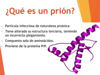 ¿Qué es un prión?
• Partícula infecciosa de naturaleza proteica
• Tiene alterada su estructura terciaria, teniendo
un incorrecto plegamiento.
• Compuesto solo de aminoácidos.
• Proviene de la proteína PrP.
 