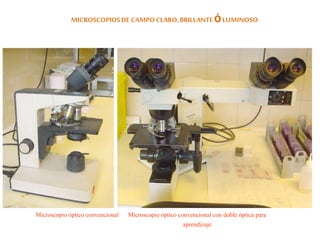 MICROSCOPIOSDECAMPOCLARO,BRILLANTEÓ LUMINOSO
Microscopio óptico convencional Microscopio óptico convencional con doble óptica para
aprendizaje
 