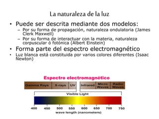 La naturaleza de la luz
• Puede ser descrita mediante dos modelos:
– Por su forma de propagación, naturaleza ondulatoria (James
Clerk Maxwell)
– Por su forma de interactuar con la materia, naturaleza
corpuscular ó fotónica (Albert Einstein)
• Forma parte del espectro electromagnético
• Luz blanca está constituida por varios colores diferentes (Isaac
Newton)
Espectro electromagnético
 
