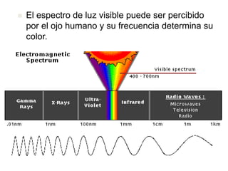  El espectro de luz visible puede ser percibido
por el ojo humano y su frecuencia determina su
color.
 