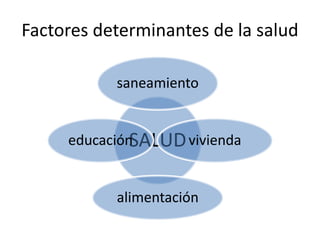 Factores determinantes de la salud
SALUD
saneamiento
vivienda
alimentación
educación
 