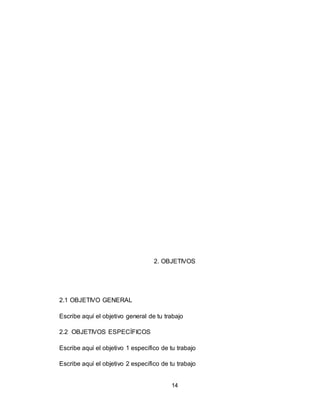 14
2. OBJETIVOS
2.1 OBJETIVO GENERAL
Escribe aquí el objetivo general de tu trabajo
2.2 OBJETIVOS ESPECÍFICOS
Escribe aquí el objetivo 1 específico de tu trabajo
Escribe aquí el objetivo 2 específico de tu trabajo
 