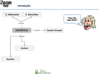 Introdução: 
“Deus não 
joga dados”. 
E. Inferencial E. Descritiva 
2 ramos 
ESTATÍSTICA 
DoLatim Estado/ Situação 
Recolher 
Objetivo 
Analisar 
 