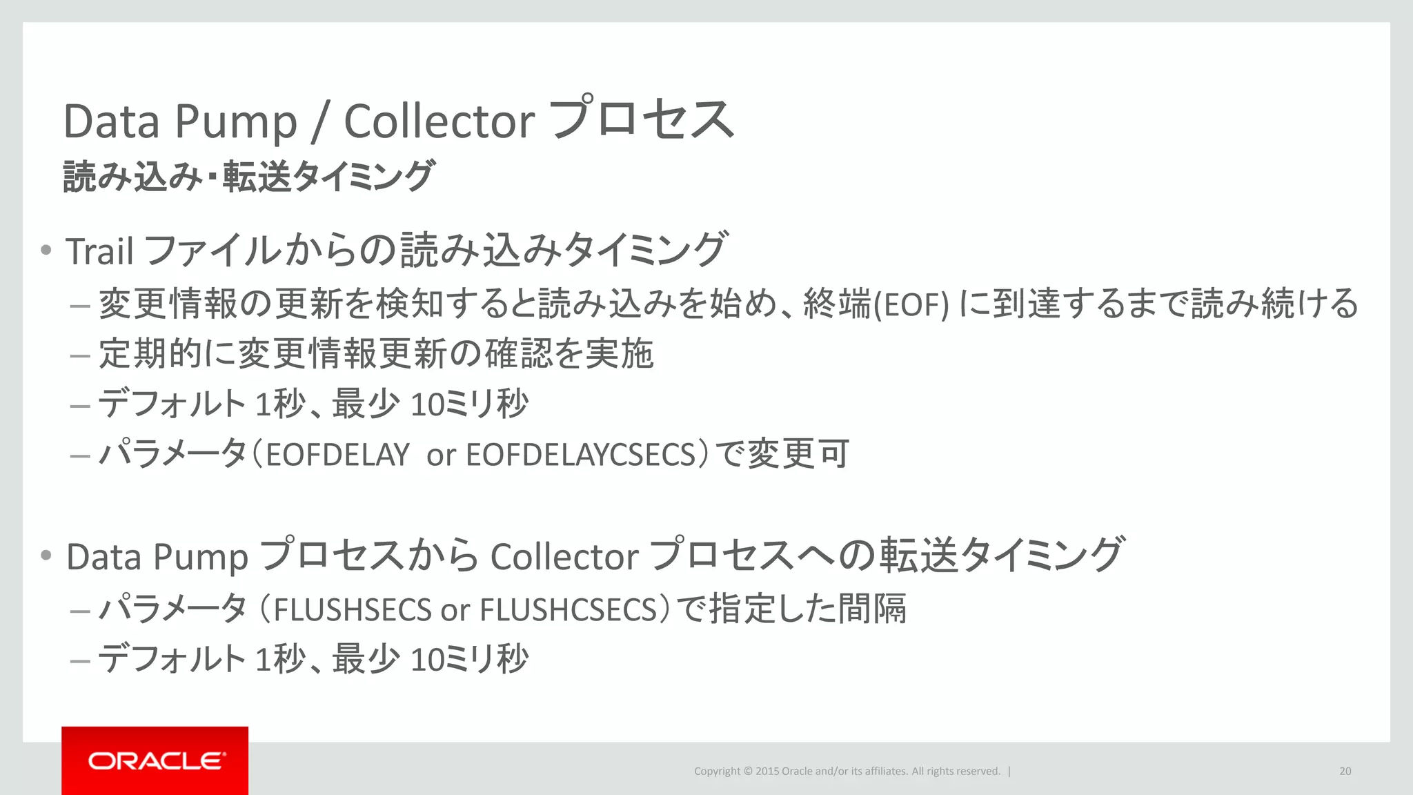 Copyright © 2016 Oracle and/or its affiliates. All rights reserved. |
Data Pump / Collector プロセス
• 転送方式
– NOPASSHRU モード(デフォルト)
• ソースDBから設定・メタデータなどの情報を取得
• データ・マッピングの変更、フィルタの適用、データ変換等が可能
– PASSTHRU モード
• ソースDBに接続せずに Trail ファイルから直接取得
• より高速に転送することが可能
20
Data Pump プロセスから Collector プロセスへの転送方式
 
