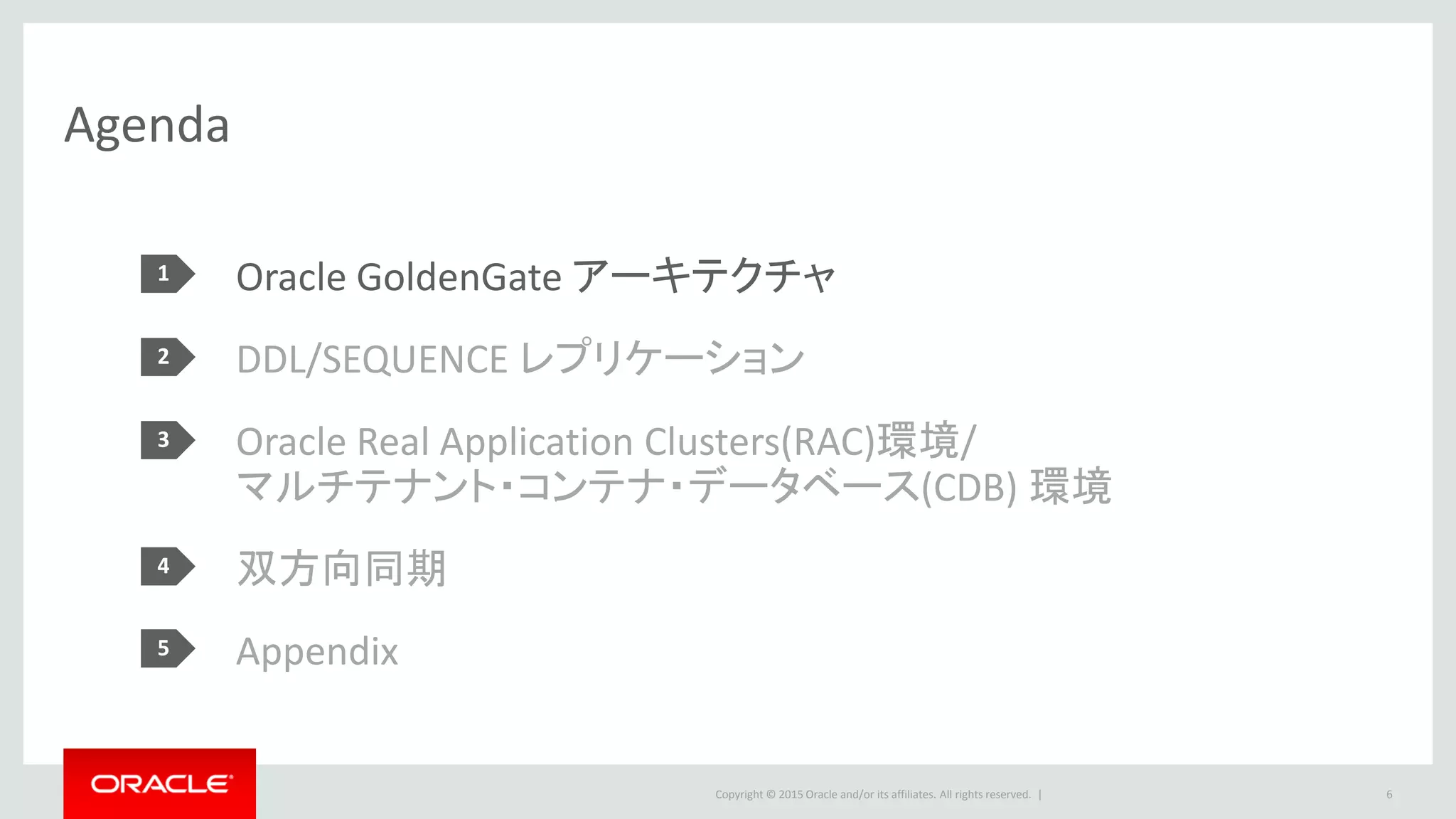 Copyright © 2016 Oracle and/or its affiliates. All rights reserved. |
Oracle GoldenGate 基本のアーキテクチャ
6
ソースDBの変更をターゲットDBへレプリケーションする全体像
REDO log
Checkpoint
Checkpoint
Capture Data Pump
Checkpoint
GoldenGate
Trail file
Manager
Collector Replicat
REDO logTrail file
GoldenGate
Manager
Source Target
変更データの流れ その他 GG関連の通信や更新
 