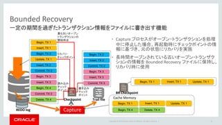 Copyright © 2016 Oracle and/or its affiliates. All rights reserved. |
Trail ファイル
• 含まれる情報
– 変更データやトランザクションなどの変更情報
– プラットフォーム・DBの種類・バージョンなどの環境情報
• Logdump ユーティリティにて中身の確認が可能
• Replicat は Trail ファイル内の情報をもとに SQL を生成して適用
• 管理
– サイズの上限(デフォルト100MB) に達すると、次のファイルを生成
– 設定値に基づき、Manager が自動的にパージを行うことが可能
16
変更情報を独自の形式で格納する中間ファイル
 
